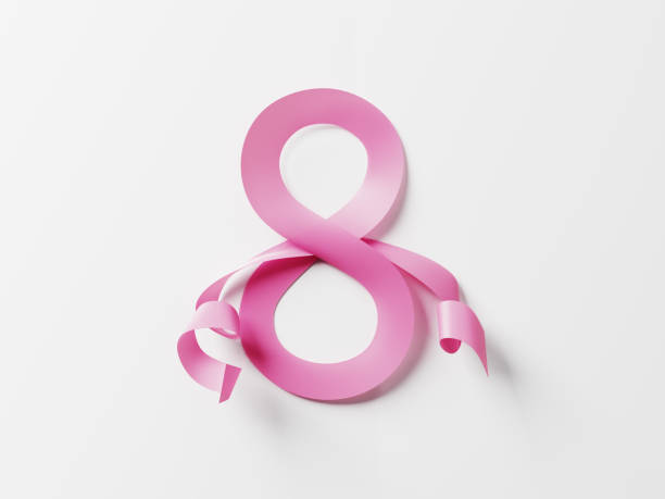 Pink ribbon is forming a number eight on white background . March 8 - International Women's Day concept. Horizontal composition with copy space. Clipping path is included.