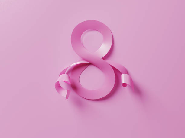 Pink ribbon is forming a number eight on pink background. March 8 - International Women's Day concept. Horizontal composition with copy space.