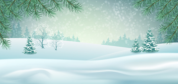 Vector winter landscape with gifts and snow covered hills. Christmas header