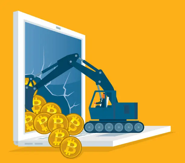 Vector illustration of Bitcoin mining - Using Bulldozer