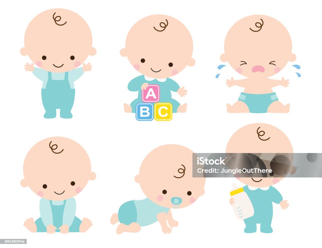 Cute Baby Boy Vector Illustration Cute baby or toddler boy vector illustration in various poses such as standing, sitting, crying, playing, crawling. Baby - Human Age stock vector