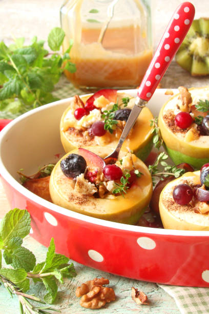istock apples dessert, with cheese, blueberries, cinnamon and caramel and thyme 895384082