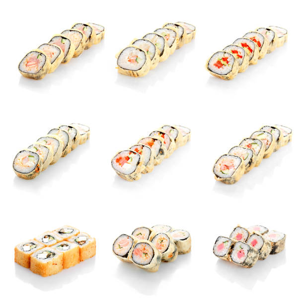 istock collage of various sushi japanese restaurant menu on  white background 895384982