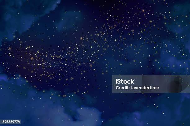 Notte Magica Cielo Blu Scuro Con Stelle Scintillanti - Immagini vettoriali stock e altre immagini di Sfondi