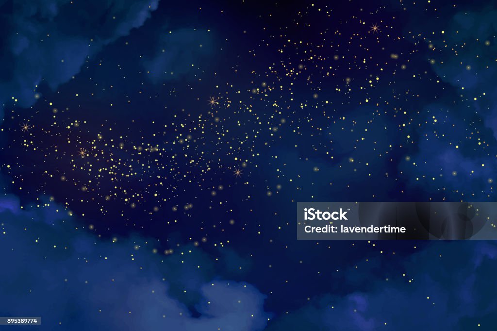 Magic night dark blue sky with sparkling stars. Magic night dark blue sky with sparkling stars. Gold glitter powder splash vector background. Golden scattered dust. Midnight milky way. Christmas winter texture with clouds. Backgrounds stock vector