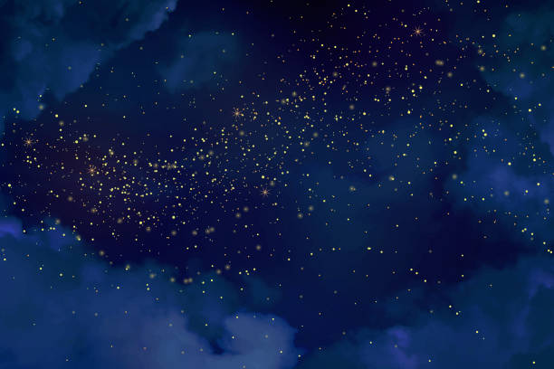 Magic night dark blue sky with sparkling stars. Magic night dark blue sky with sparkling stars. Gold glitter powder splash vector background. Golden scattered dust. Midnight milky way. Christmas winter texture with clouds. galaxy illustrations stock illustrations