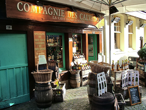 Honfleur, France  - October 20, 2005: Shop-bar for the sale of Calvados - one of the gastronomic symbols of Normandy