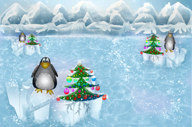 istock Three penguins floating on a piece of ice near a Christmas tree 895409802