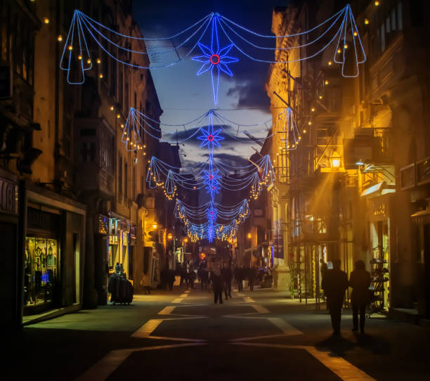 Street decorated for Christmas in Valletta, Malta.