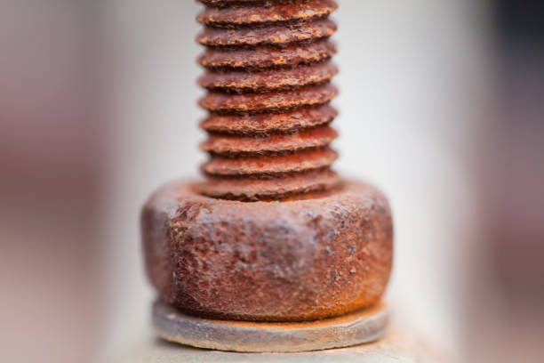 istock Close-up image of old rusty screw and bolt on steel surface with blurred background 895425082