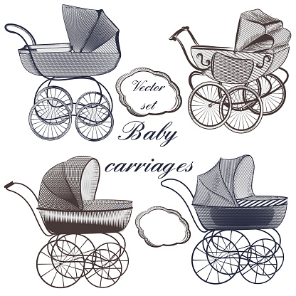 Set of vector baby prams hand drawn in engraved style