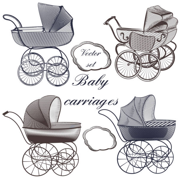 Baby plams hand drawn in engraved style Set of vector baby prams hand drawn in engraved style baby carriage stock illustrations