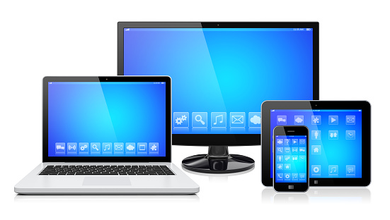 Computer monitor, laptop, tablet pc,  and mobile smartphone with a blue screen and apps. Isolated on a white. 3d image