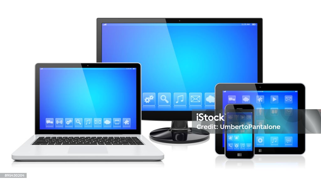 Electronic devices on a white Computer monitor, laptop, tablet pc,  and mobile smartphone with a blue screen and apps. Isolated on a white. 3d image Electronics Industry Stock Photo
