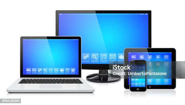Electronic Devices On A White Stock Photo - Download Image Now - Electronics Industry, Television Industry, Telephone