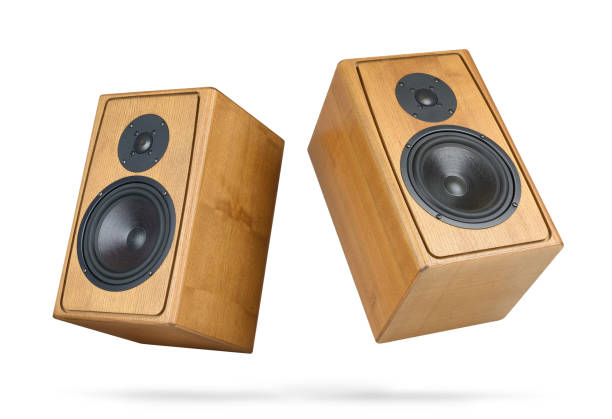 Two wooden speakers isolated on white background. File contains a path to isolation.