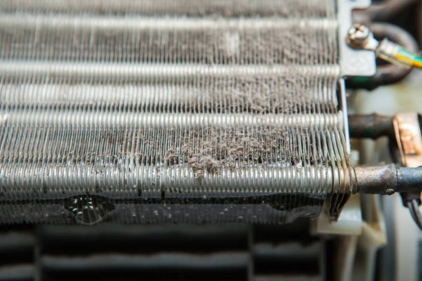 dirty dust on air conditioner Coil Fins stock photo