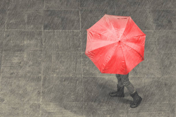 istock Girl walk with umbrella in rain on a pavement artistic conversion 895444470