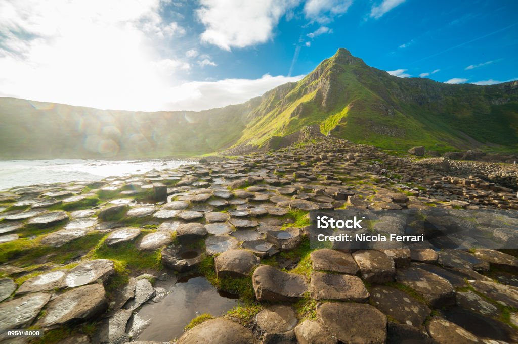 Der Giant's Causeway in der Morgendämmerung an einem sonnigen Tag mit der berühmten Basaltsäulen, das Ergebnis einer alten vulkanischen Eruption. County Antrim an der Nordküste von Nordirland, Vereinigtes Königreich - Lizenzfrei Giant's Causeway Stock-Foto