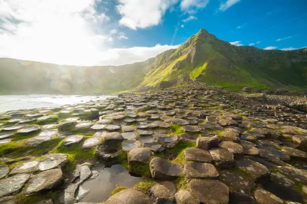 Photo of The Giant's Causeway at dawn on a sunny day with the famous basalt columns, the result of an ancient volcanic eruption. County Antrim on the north coast of Northern Ireland, UK