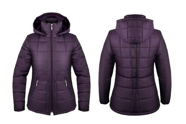 istock Violet down jacket with hood front and back isolated on white 895459108