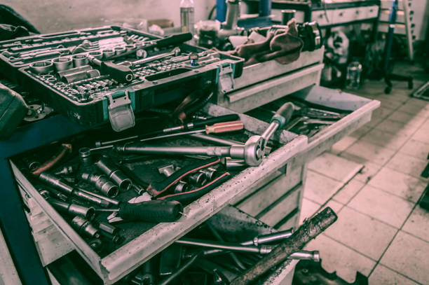 istock Boxes with wrenches in a car repair shop 895459584