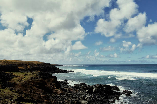 A beautiful natural volcanic landscape in a sunny day over Hanga Roa, Easter Island, Rapa Nui, Polynesia, Chile, Latin America.