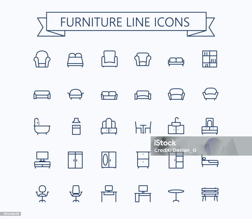 Möbel Linie Mini-Icons. Editierbare Schlaganfall. 24 x 24 Raster. Pixel Perfect. - Lizenzfrei Icon Vektorgrafik
