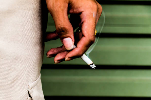 istock Human hands holding cigarettes burned with late ash and smoke rising from cigarettes. 895480620