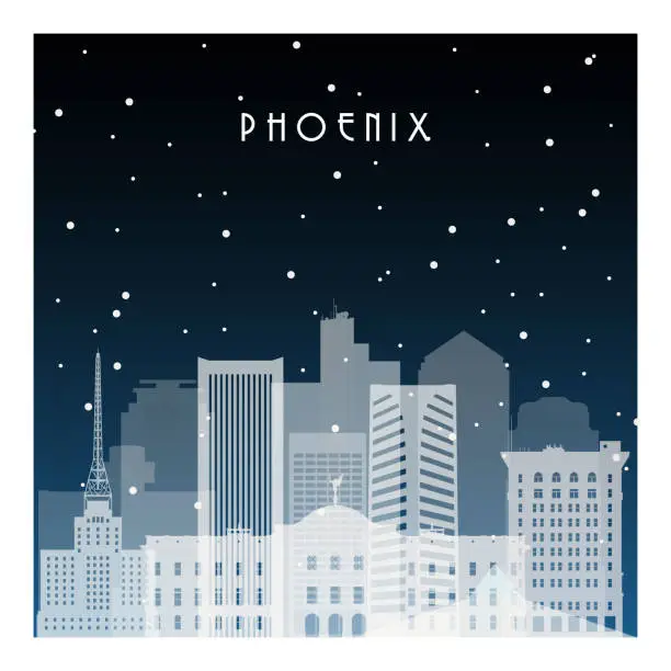 Vector illustration of Winter night in Pheonix. Night city in flat style for banner, poster, illustration, background.