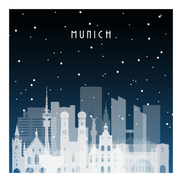 stockillustraties, clipart, cartoons en iconen met de winternacht in münchen. de stad van de nacht in vlakke stijl voor banner, affiche, illustratie, achtergrond. - münchen