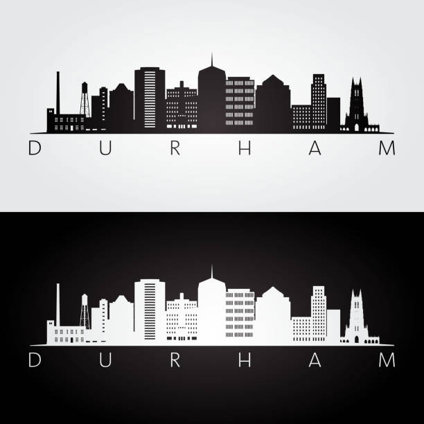 ilustrações, clipart, desenhos animados e ícones de durham eua skyline e marcos silhueta, preto e branco desenho, ilustração vetorial. - county durham