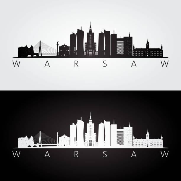 warszawska panorama i zabytki sylwetka, czarno-biały design, ilustracja wektorowa. - warszawa stock illustrations