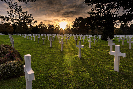 The sun sets on the American Military Cemetery, Colleville-sur-Mer, Normandy, France