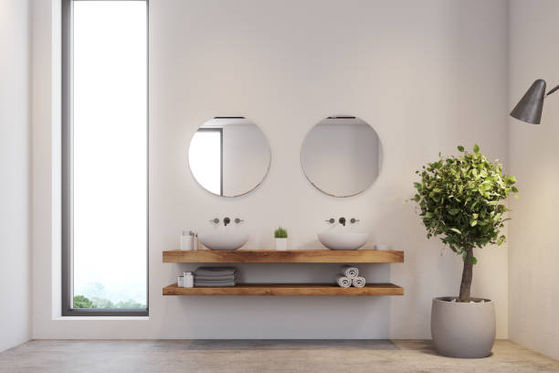 istock Narrow window bathroom, double sink 895507354