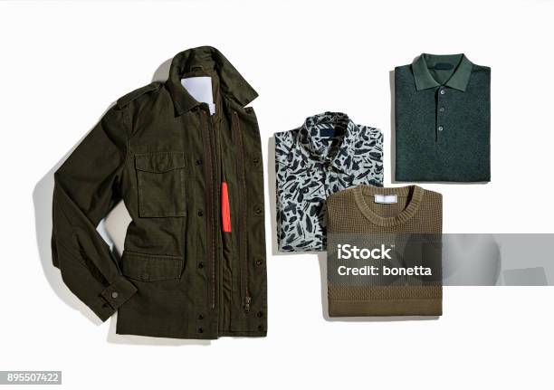 Mens Clothing Isolated On White Background Stock Photo - Download Image Now - Sweater, Folded, Directly Above