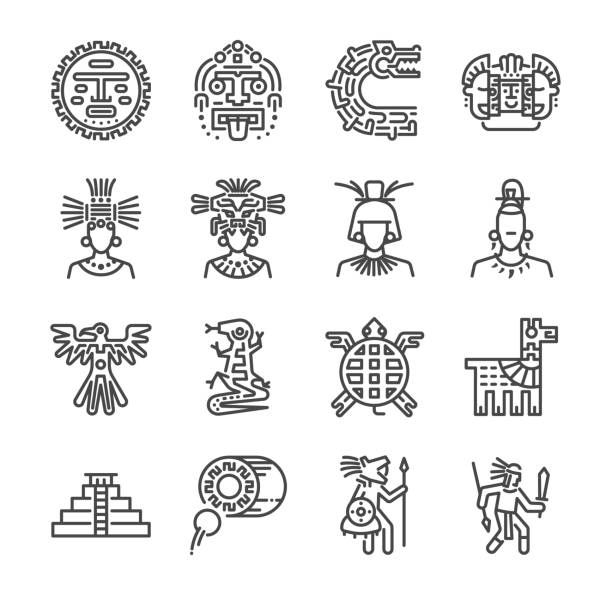 아즈텍 아이콘 세트입니다. 마 야, 마 야, 부족, 골동품, 피라미드, 전사 등으로 아이콘을 포함. - mayan stock illustrations