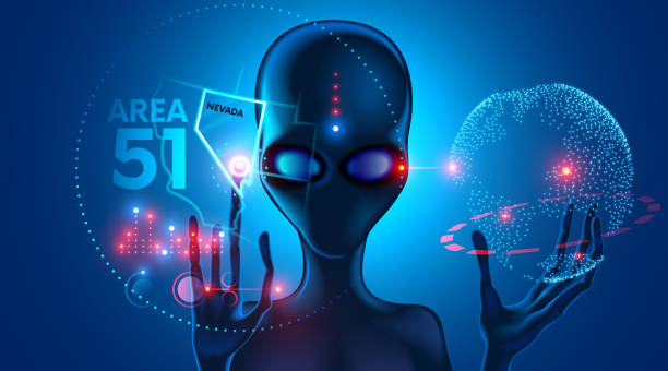 Extraterrestrial alien shows on the virtual map of the UFO crash site at area 51 in Nevada. Extraterrestrial alien shows on the virtual map of the UFO crash site at area 51 in Nevada. The head of an alien with big eyes. Hands with long fingers. Extraterrestrial technology. Future concept. alien grey stock illustrations