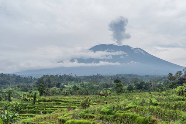 istock Agung volcano eruption view near rice fields, Bali, Indonesia 895523344