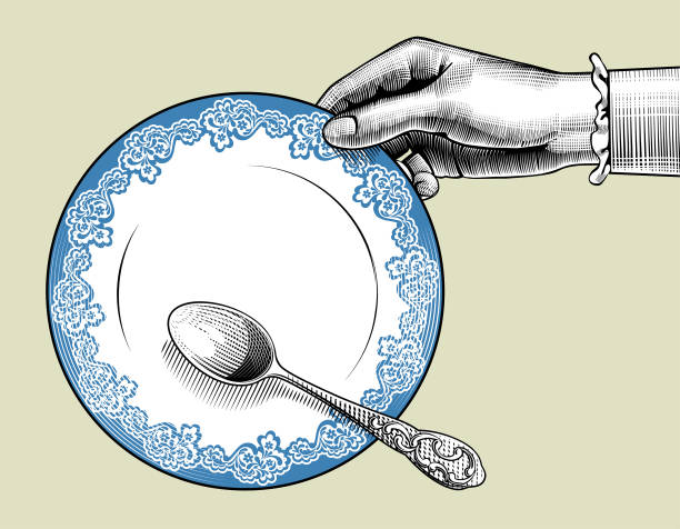 Woman's hand with plate and spoon. Vintage stylized drawing. Vector illustration