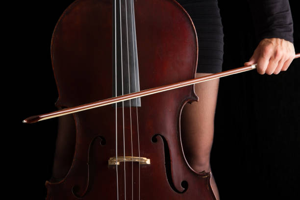 istock Beautiful brunette holding a cello with selective light in black dress 895557122