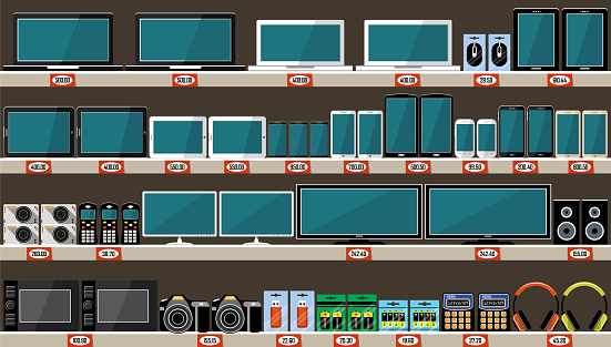 Supermarket, shelves with electronics and gadgets. Vector illustration