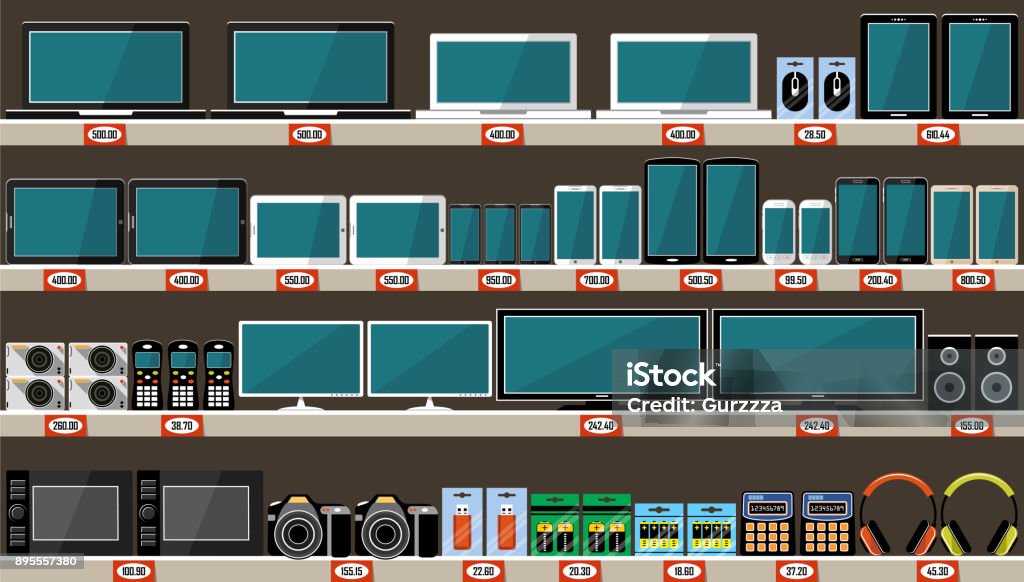 Supermarket, shelves with electronics and gadgets Supermarket, shelves with electronics and gadgets. Vector illustration Electronics Store stock vector