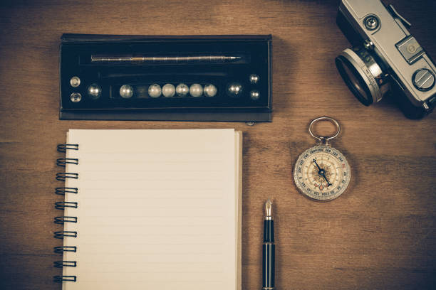 istock vintage compass on book note and fountain pen on wood table. 895578540