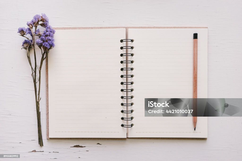 Open sketchbook and pencil on old white wooden table Blank Stock Photo