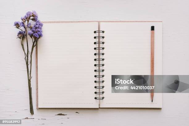 Open Sketchbook And Pencil On Old White Wooden Table Stock Photo - Download Image Now