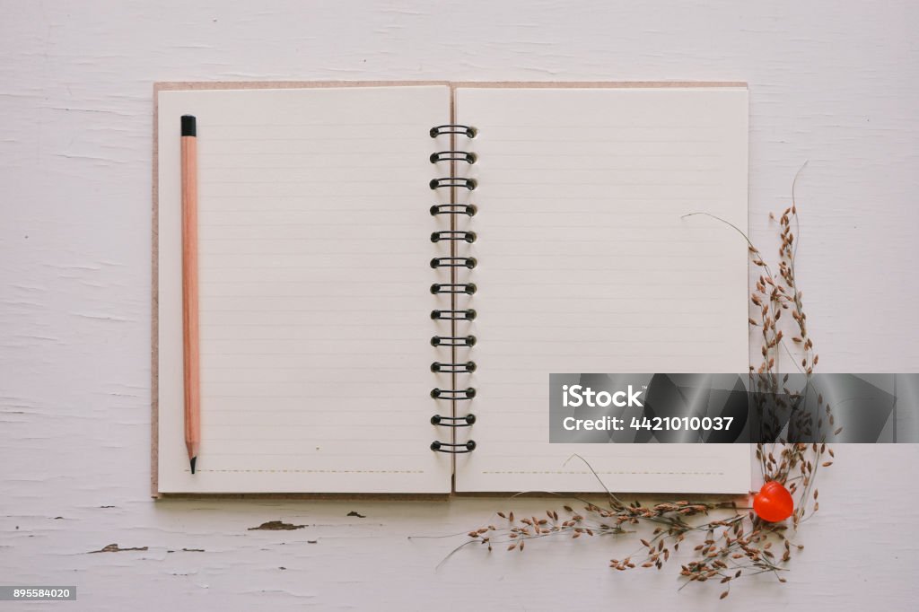 Open sketchbook and pencil on old white wooden table Blank Stock Photo