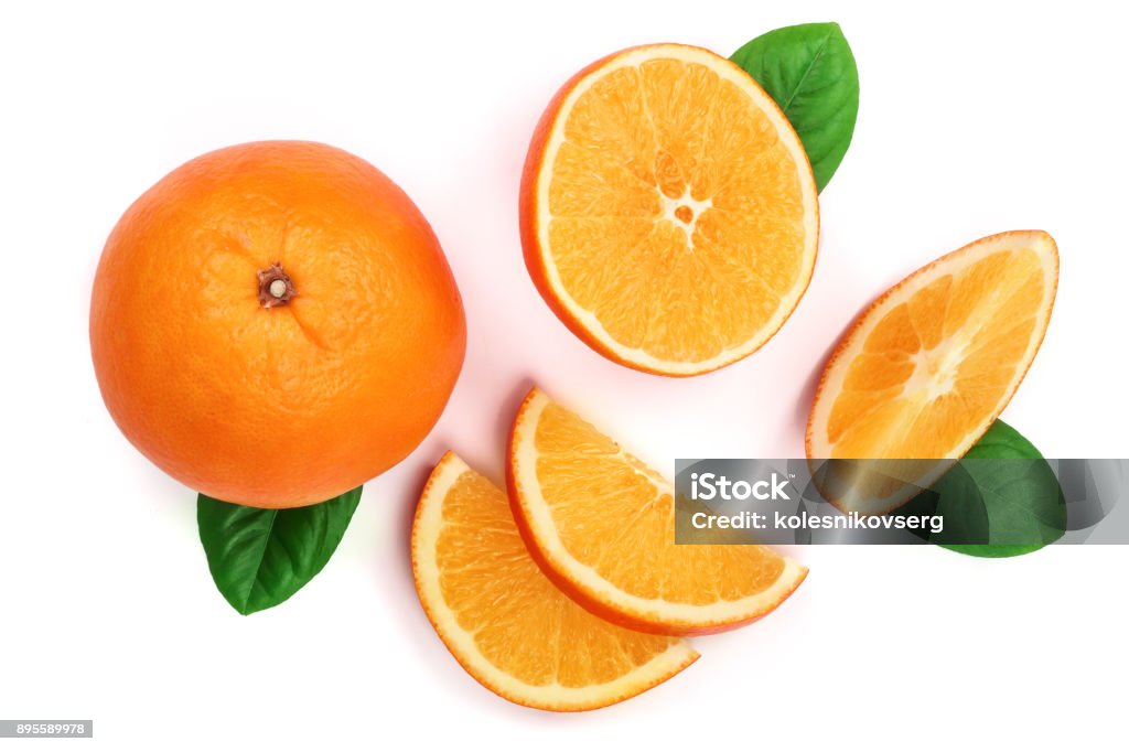 Orange with slice and leaf isolated on the white background. Flat lay pattern. Top view Orange with slice and leaf isolated on the white background. Flat lay pattern. Top view. Top - Garment Stock Photo