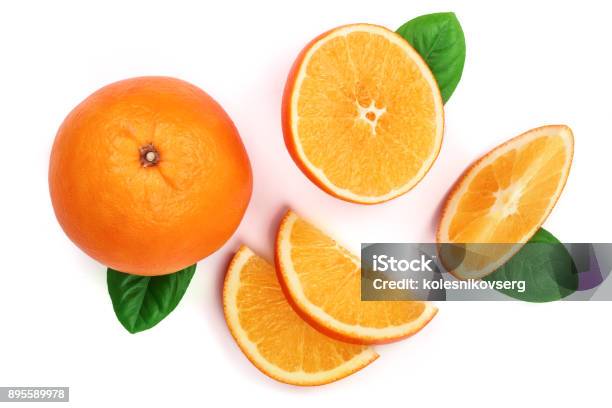 Orange With Slice And Leaf Isolated On The White Background Flat Lay Pattern Top View Stock Photo - Download Image Now