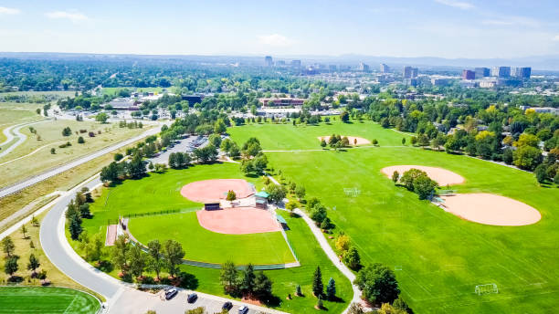 istock Aerial view of baseball fields in suburbia 895592762